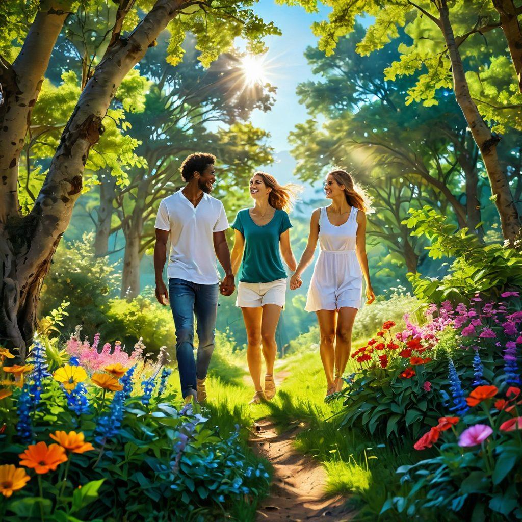 A serene landscape featuring a couple joyfully exploring nature, with lush greenery and colorful flowers surrounding them, symbolizing a vibrant lifestyle. They are laughing and sharing a moment, with sunlight filtering through the trees, creating a warm and blissful atmosphere. In the background, a radiant sky adds a sense of possibility and adventure, emphasizing unity and happiness. super-realistic. vibrant colors. soft focus.