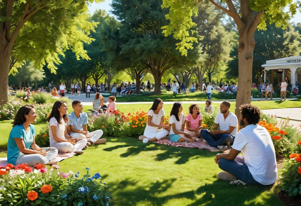 A serene community gathering in a sunlit park, featuring diverse people sharing joyful moments, laughter, and connection. Colorful flowers and greenery surround them, with children playing nearby and friends engaging in heartfelt conversations. A gentle breeze adds movement to the scene, creating an atmosphere of warmth and togetherness. super-realistic. vibrant colors. soft afternoon light.
